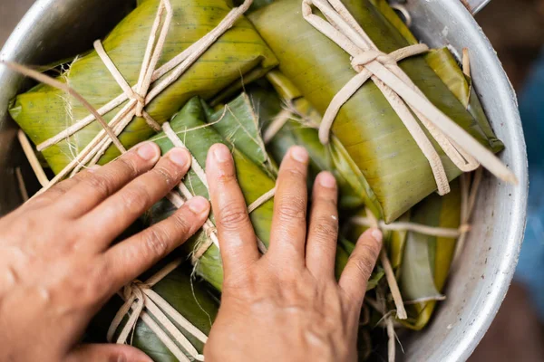 Closeup Shot Hands Making Wrapped Honduran Style Tamales — Stock Photo, Image
