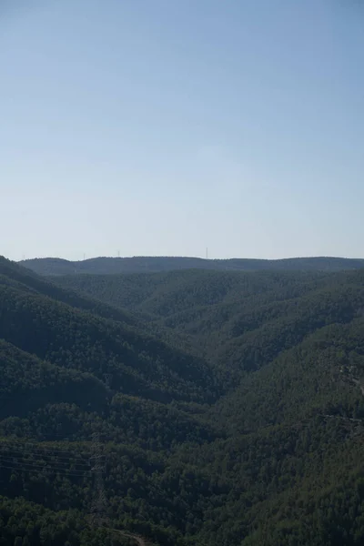 Вертикальний Знімок Гір Покритих Лісами Під Блакитним Небом — стокове фото