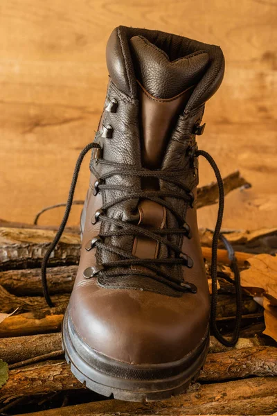 A vertical shot of a brown trekking boot for hiking