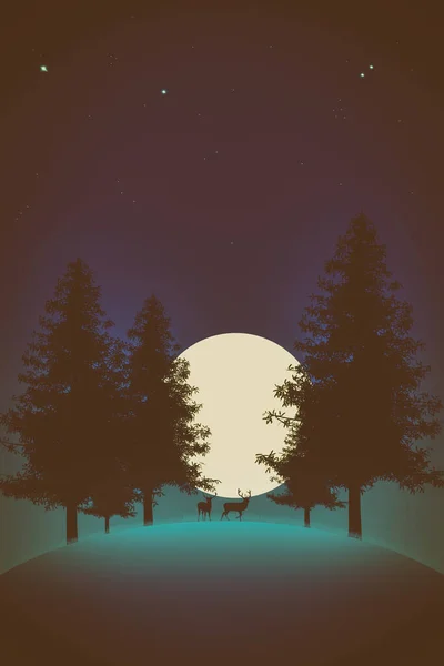 Een Illustratie Van Twee Herten Een Bos Met Volle Maan — Stockfoto