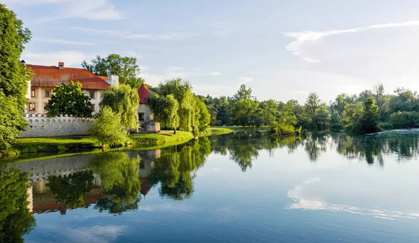 Incrível Castelo Atrás Árvores Margem Rio Arquitetura Verde Paisagem Exterior — Fotografia de Stock