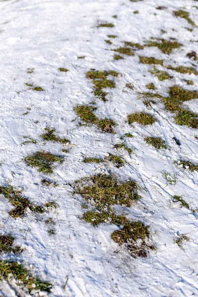 Primer Plano Del Terreno Cubierto Nieve Mañana — Foto de Stock