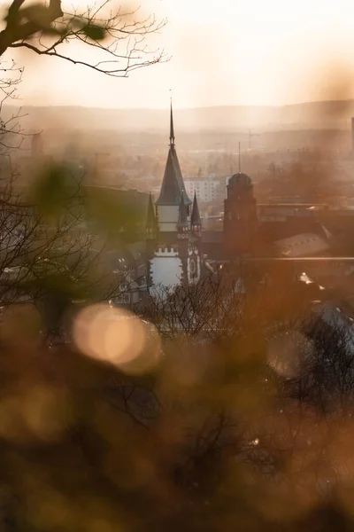 Martinstor Stadsporten Freiburg Breisgau Tyskland Solnedgång Över Freiburg Den Gyllene — Stockfoto