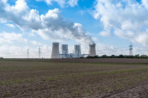 Green Grassy Land Clouds Smoke Rising Nuclear Power Plant Background — Stock Photo, Image