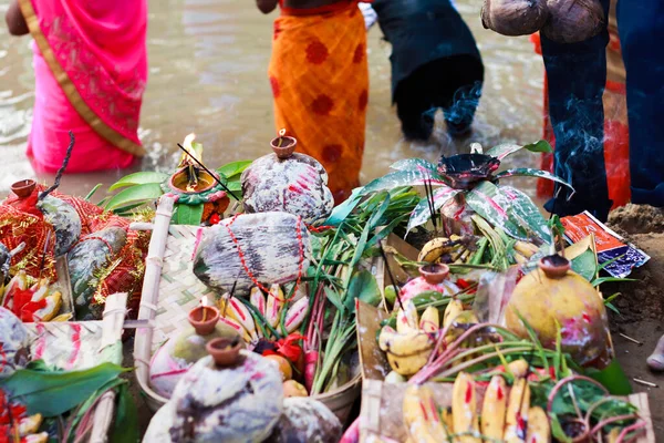Varias Ofrendas Para Ritual Anual Chhas Puja — Foto de Stock