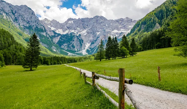 Estrada Cascalho Idílico Vale Verde Primavera Verão Natureza Livre Montanhas — Fotografia de Stock