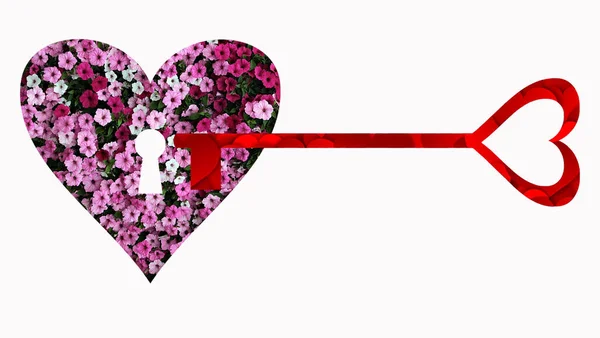 Иллюстрация Цветочного Сердца Замочной Скважиной Ключом Форме Сердца Белом Фоне — стоковое фото