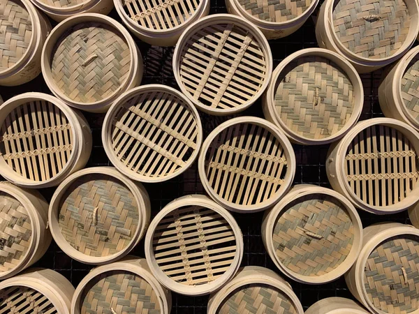 Widok Góry Teksturowane Ściany Bambusa Drewna Kosze Parowe Okrągłe Azjatyckie — Zdjęcie stockowe