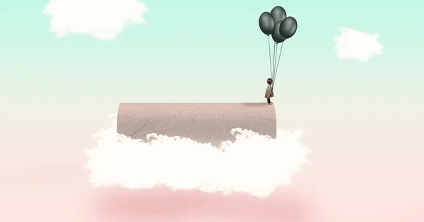 Rendering Small Girl Figure Balloons Standing Rough Surface Cloud — Stock Photo, Image