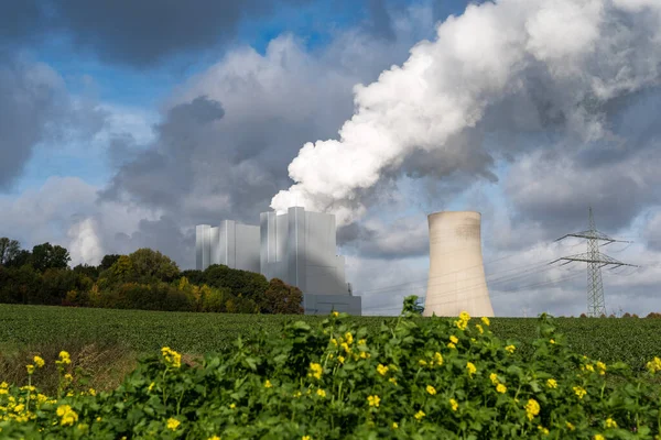 Ein Grünes Grasland Mit Rauchwolken Die Aus Dem Atomkraftwerk Hintergrund — Stockfoto