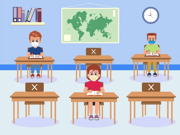 An illustration of school kids wearing medical protective masks in a classroom keeping social distance during Coronavirus pandemic, back to school