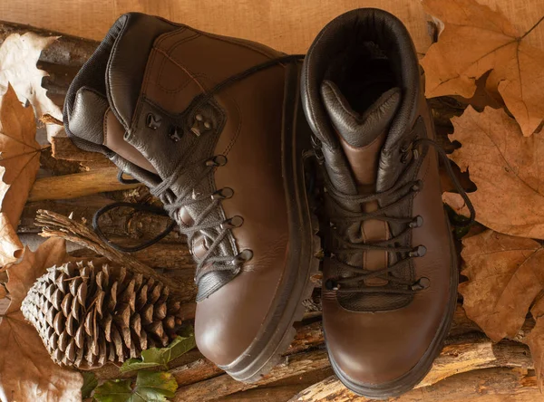 一双用于徒步旅行的棕色远足靴 — 图库照片