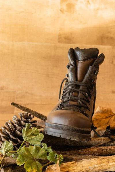 A vertical shot of a brown trekking boot for hiking