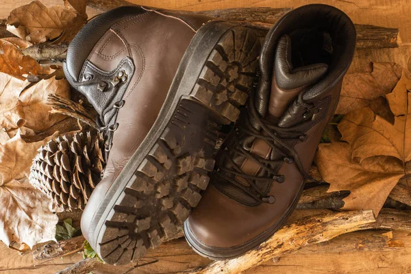 A pair of brown trekking boots for hik