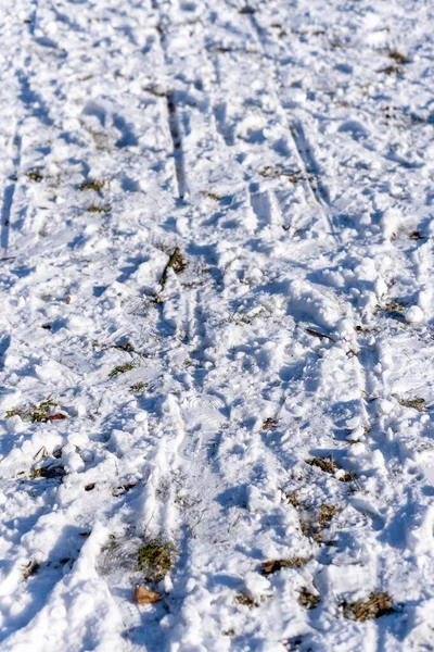 Ένα Κοντινό Πλάνο Του Χιονισμένου Εδάφους Πρωί — Φωτογραφία Αρχείου