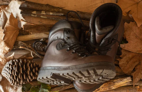A pair of brown trekking boots for hiking