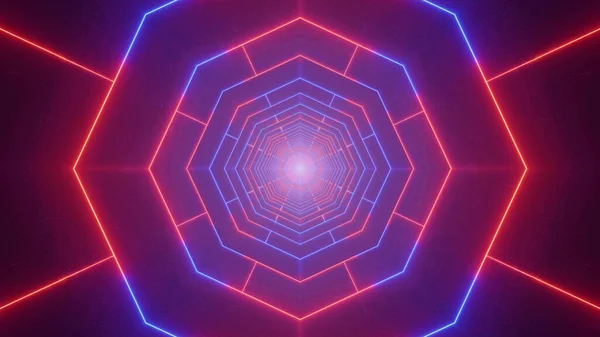 Renderowanie Geometrycznych Jasnych Neonów Czerwonych Niebieskich Cząstek Fraktalnych — Zdjęcie stockowe