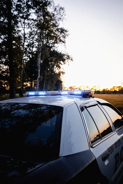 Plan Vertical Une Voiture Police Dans Parc Coucher Soleil — Photo