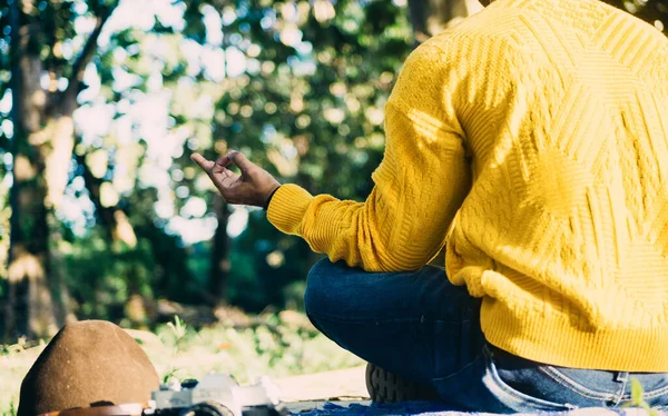 Man Sitting Forest Meditating — Stock Photo, Image