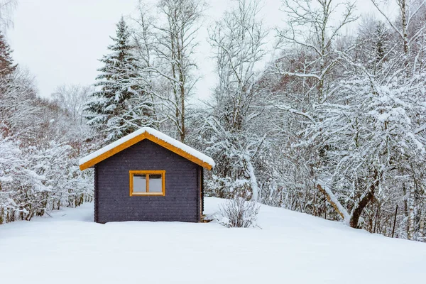 Schöne Winterlandschaft Mit Einem Holzhaus Den Schneebedeckten Bäumen — Stockfoto