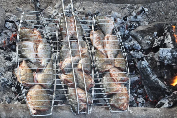 チャコールで魚を焼く高角度ショット — ストック写真