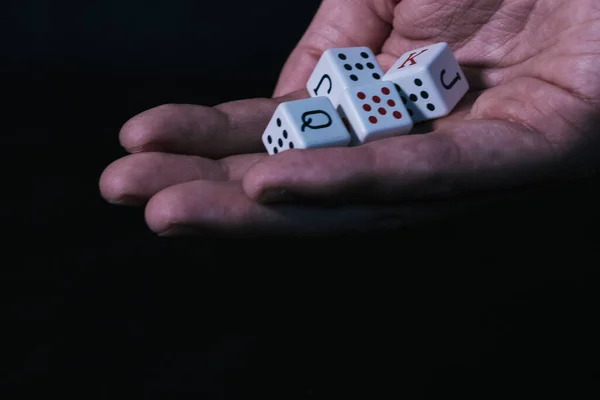 Closeup Shot Hand Holding Poker Dices Sign Invitation Black Background — Stock Photo, Image