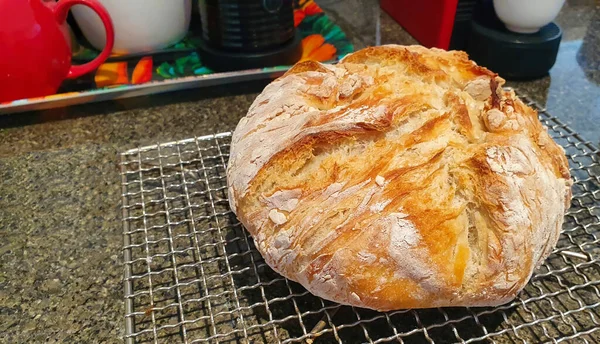 Horký Bochník Domácího Chleba Spočívá Chladícím Tácu — Stock fotografie