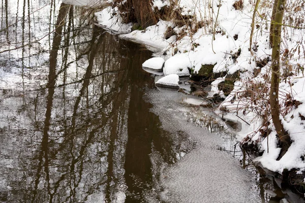 Die Reflexion Der Bäume Zugefrorenen Fluss Umgeben Von Schneebedeckten Felsen — Stockfoto