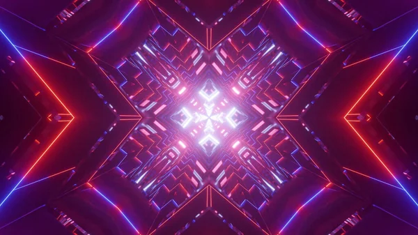 Rendering Particelle Geometriche Luminose Neon Rosso Blu Forma Croce Frattale — Foto Stock