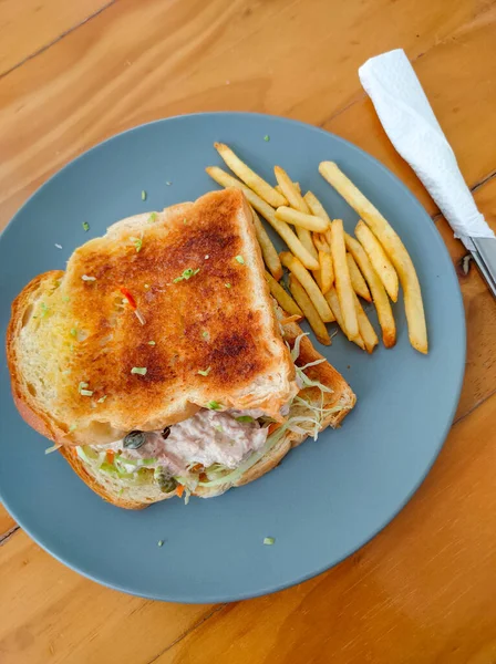 Вертикальний Знімок Смачного Бутерброда Картоплі Фрі Блакитній Тарілці — стокове фото