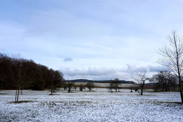在多云的天空下 田野里一望无际的冬季风景 — 图库照片