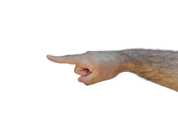 Die Hand Eines Männchens Das Mit Dem Zeigefinger Auf Weißem — Stockfoto