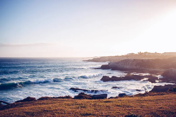 波状の景色を望む新鮮な草や岩の層で覆われた美しい日当たりの良いビーチ — ストック写真