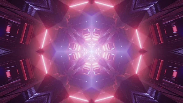 暗い中で未来的な明るいネオン赤と紫のフラクタル粒子の3Dレンダリング — ストック写真