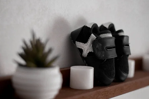 Zapatos Niño Recién Nacido Apoyados Una Pared Con Plantas Interior —  Fotos de Stock