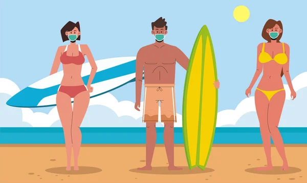 一个在海滩上戴口罩的人的例子 一个新的正常概念 — 图库照片