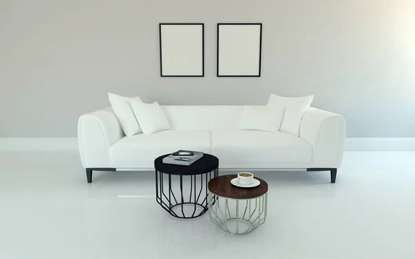 Representación Cómodo Sofá Blanco Con Cojines Mesas Minimalistas Una Habitación —  Fotos de Stock