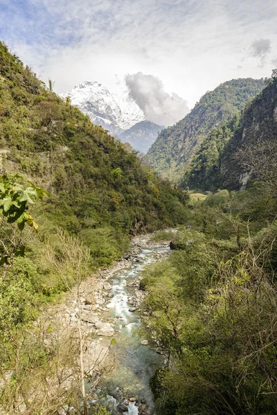 Disparo Vertical Río Que Fluye Montaña Contra Cielo Nublado —  Fotos de Stock