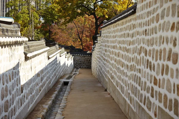 両側に典型的なアジアの壁を持つ狭い歩道 — ストック写真