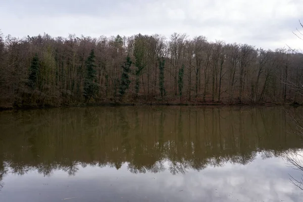 美丽的湖景 湖面平静 水面上倒映着树木 — 图库照片