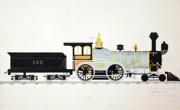 Uma Ilustração Uma Locomotiva Colorida Século Xix Nos Trilhos Fundo — Fotografia de Stock
