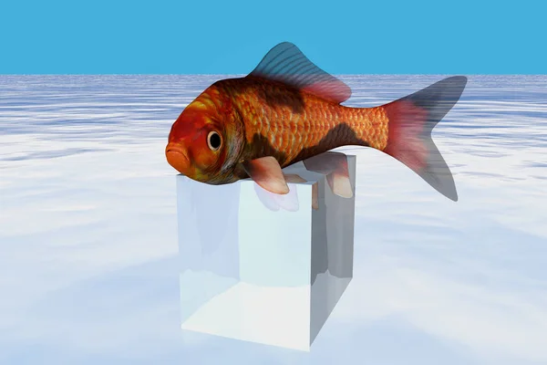 Eine Darstellung Eines Goldenen Fisches Auf Einer Plattform Auf Wasserwellen — Stockfoto