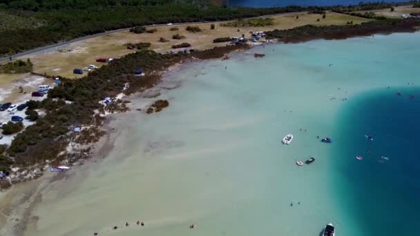 Palmiye Ağaçları Mavi Gökyüzü Ile Güzel Tropikal Plajın Havadan Görünüşü — Stok video