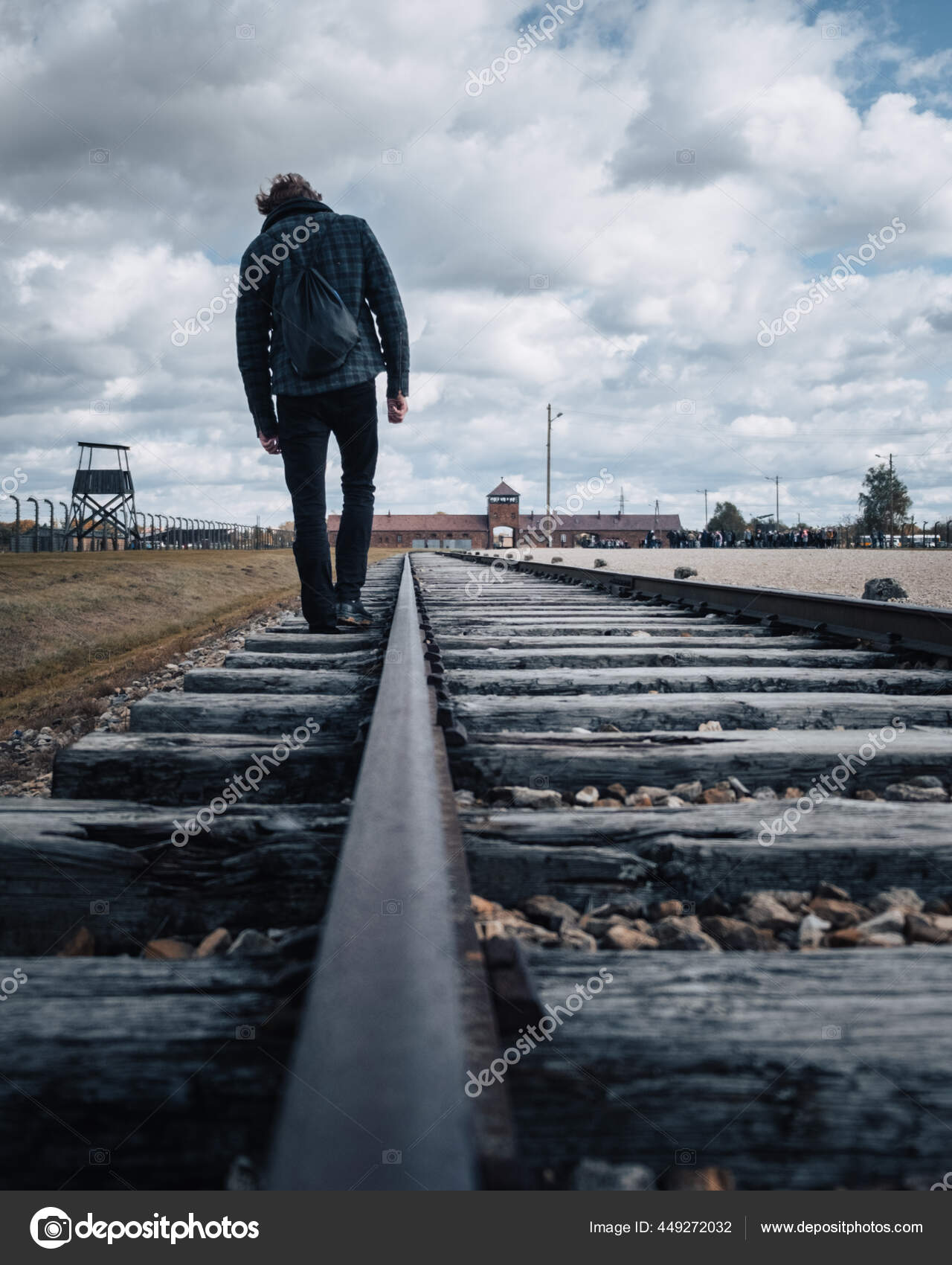 Lonely Man Walking Old Railroad Auschwitz Concentration Camp