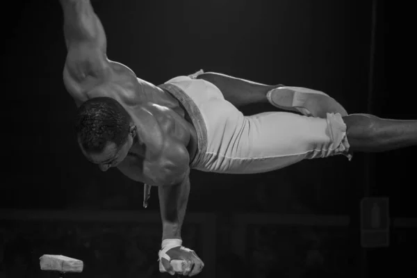 バルセロナ スペイン 2015年5月20日 バランスをとる体操選手の白黒写真 — ストック写真