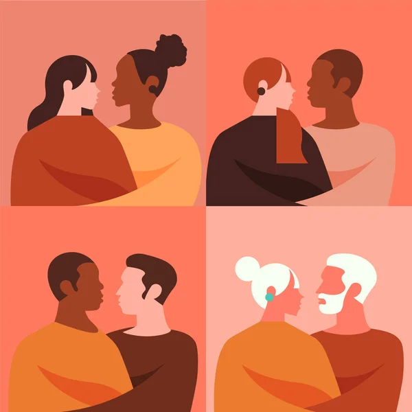 Négy Illusztráció Különböző Sokszínű Különböző Korú Nemű Emberek Szerető Kapcsolatok — Stock Fotó