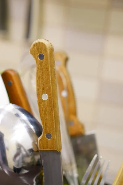 Vertical Closeup Shot Wooden Knife Handle — Stock Photo, Image
