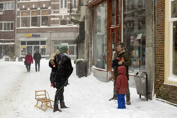 Zutphen Netherlands Feb 2021 Mother Son Sledge Meeting Acquaintances Streets Stock Photo