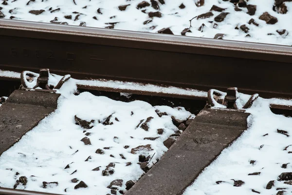 Closeup Shot Rails Train Covered Snow Winter — Stock Photo, Image