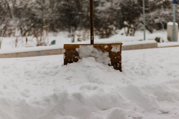 Ένα Ξύλινο Φτυάρι Χιονιού Στέκεται Ένα Τεράστιο Σωρό Από Χιόνι — Φωτογραφία Αρχείου